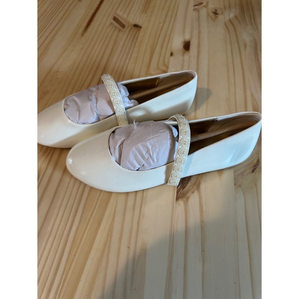 Cat & Jack Girls Cream Patent Mary Jane Ballet Flats Pearl Glitter Strap Size 2